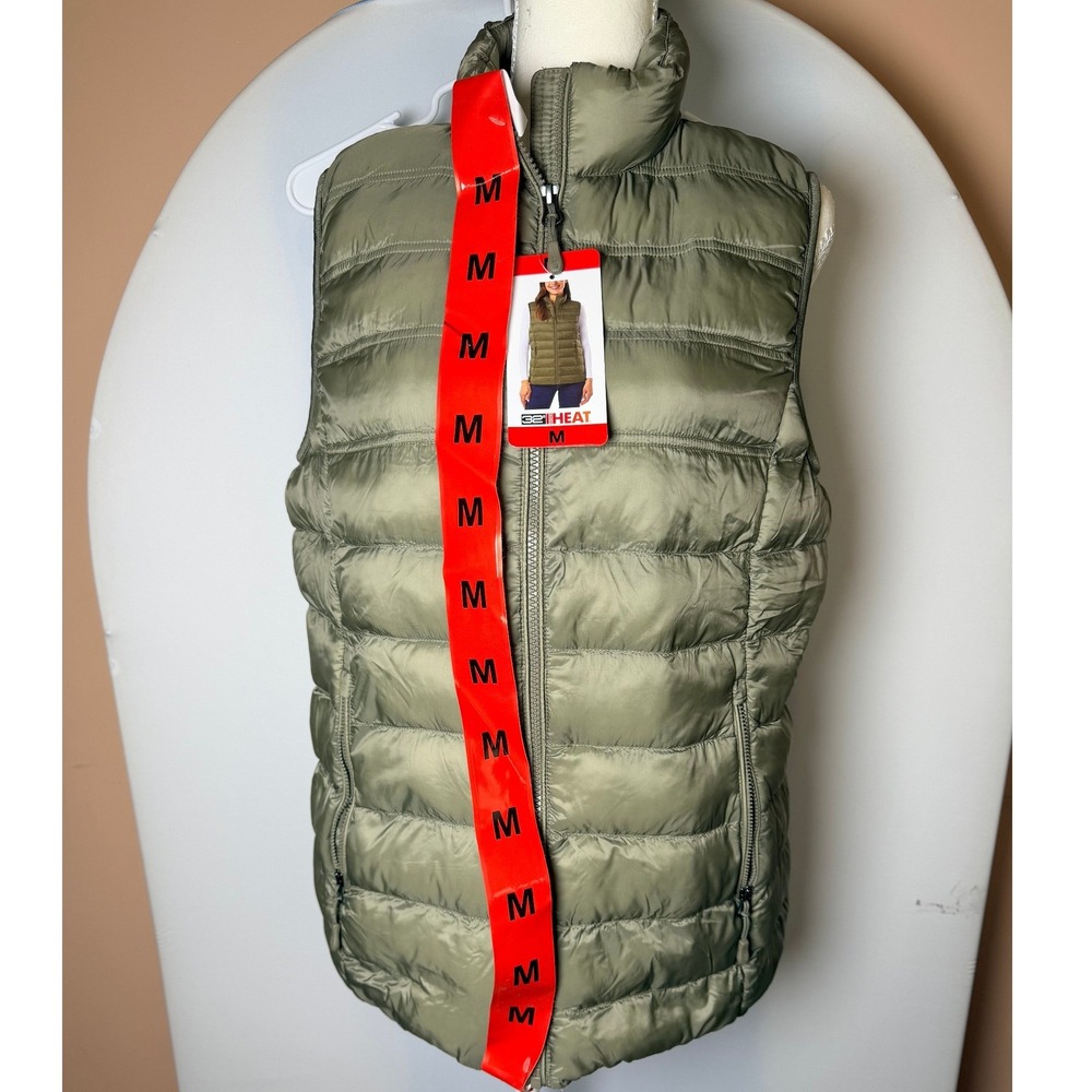 32 Degrees Heat Womens Puffer Vest Olive Green Quilted Full Zip Medium NWT